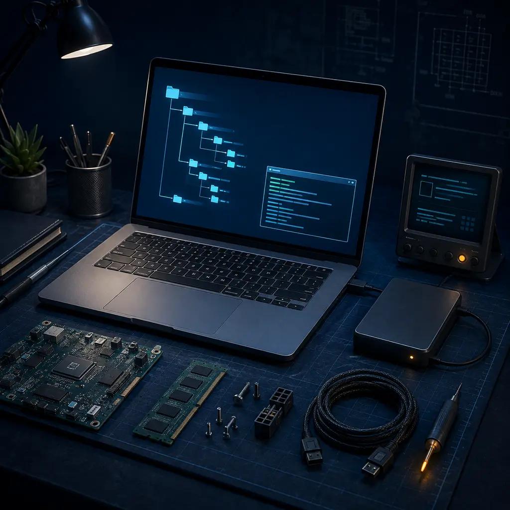 Ilustración de equipo informático de práctica y componentes de hardware