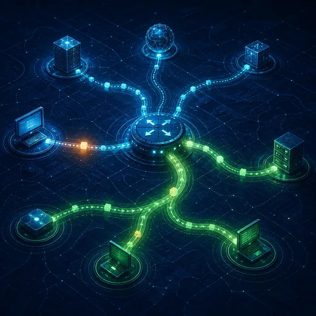 Ilustración de nodos, dispositivos y rutas de comunicación de red