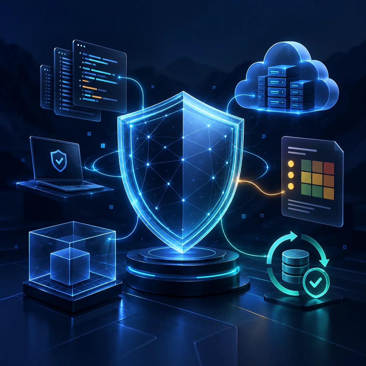 Ilustración de escudo conectado con sistemas, nube y controles de seguridad