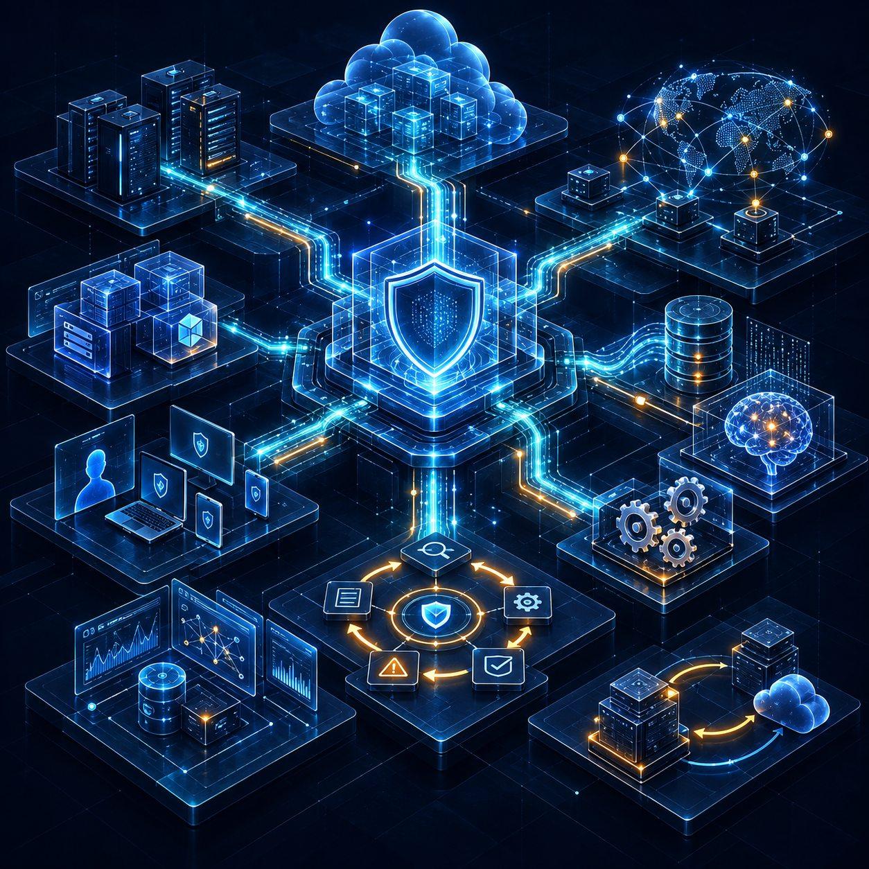 Ilustración de arquitectura híbrida con nube, servidores y servicios conectados